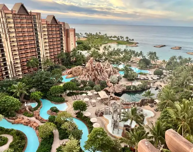 Aerial view of a tropical resort featuring pools, palm trees, and a rocky water play area, with the ocean in the background.