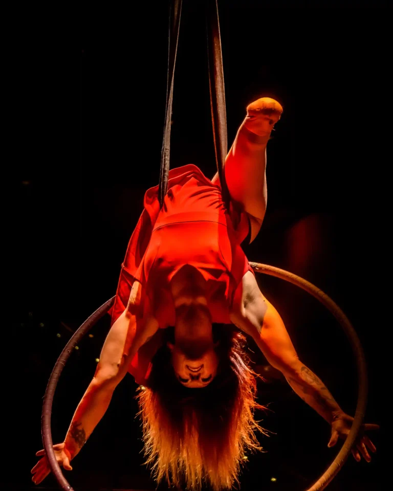 Aerial performer in a red dress upside down on a hoop, surrounded by dramatic lighting against a dark background.