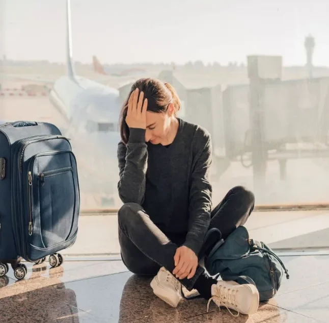 Woman sits on airport floor, head in hands, appearing distressed, with luggage nearby.