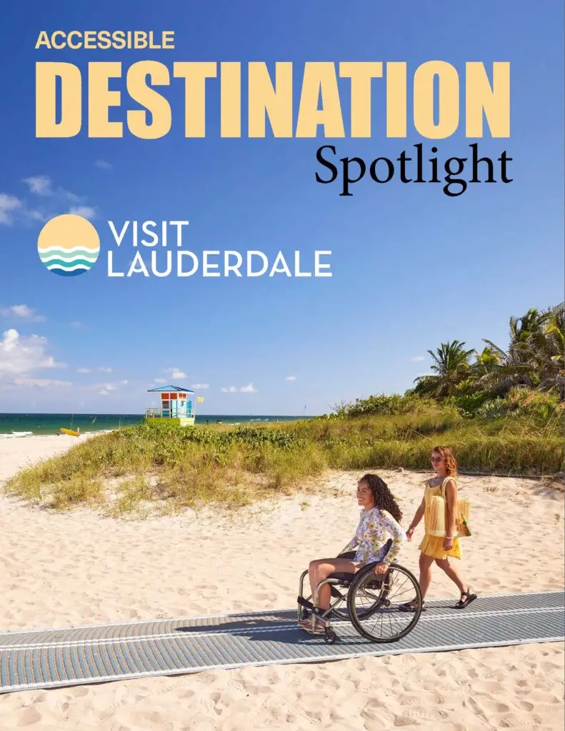 The cover of a "Visit Lauderdale Accessible Destination Spotlight" brochure. A young woman in a wheelchair is being pushed by another woman along a gray, accessible mat on the sand. The ocean and a lifeguard tower are in the background, and the sky is bright blue.