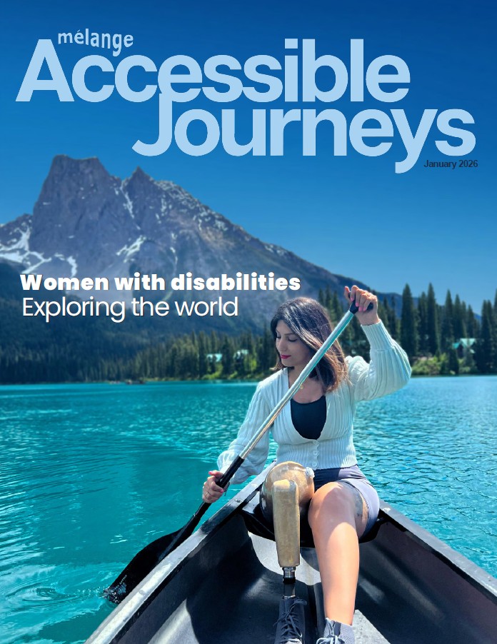 Magazine cover titled “Accessible Journeys” featuring a woman with limb difference paddling a canoe on a turquoise lake with mountain scenery in the background. Cover text reads “Women with disabilities exploring the world.”