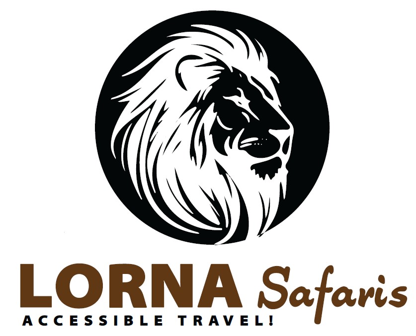 Lorna Safaris logo featuring a stylized black-and-white lion head inside a circle, with the text “Lorna Safaris” and the tagline “Accessible Travel!” underneath.