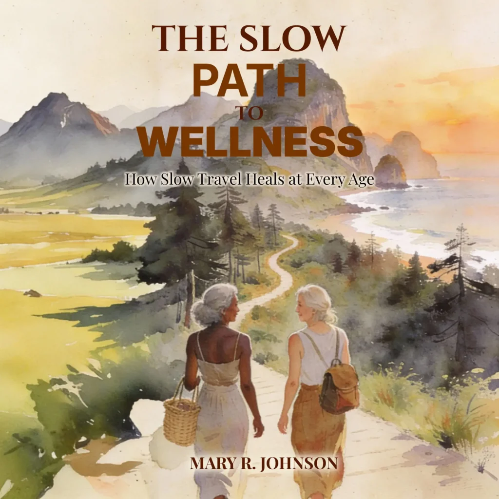A watercolor-style book cover titled "THE SLOW PATH TO WELLNESS: How Slow Travel Heals at Every Age" by Mary R. Johnson. The illustration depicts two women walking down a winding coastal path toward a sunset. One woman carries a woven basket, and the other wears a backpack, with mountains and the ocean in the background.