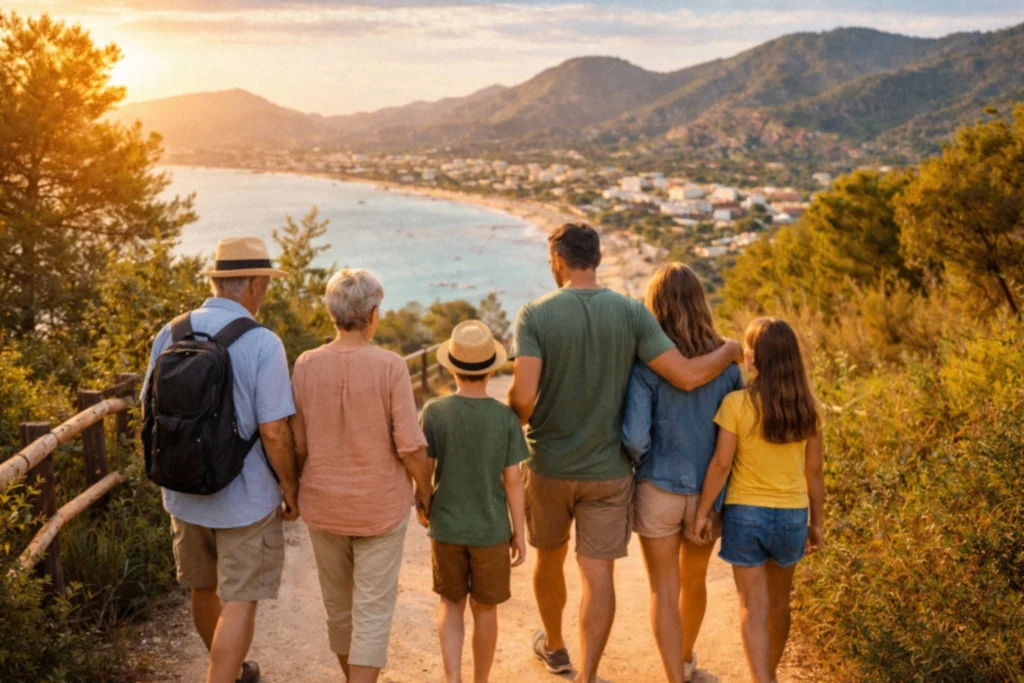 An intergenerational family of six walking down a sunlit coastal path at sunset, overlooking a Mediterranean-style bay and mountains. The group, including grandparents, parents, and two children, is viewed from behind as they head toward a beachside town.