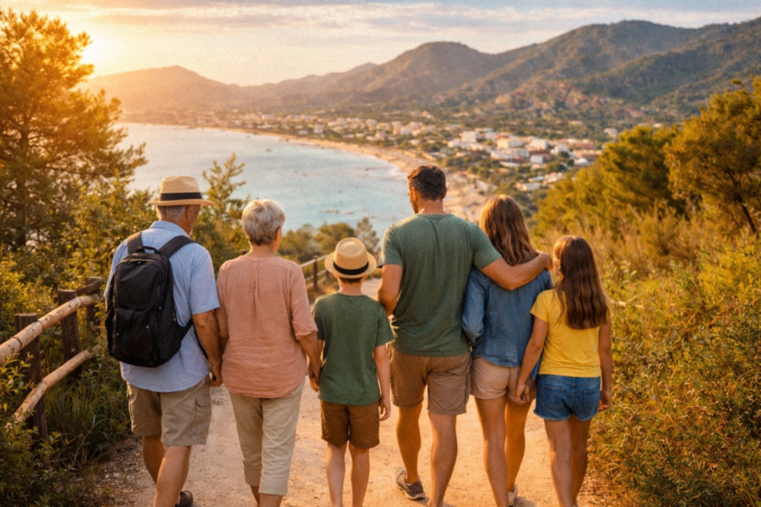An intergenerational family of six walking down a sunlit coastal path at sunset, overlooking a Mediterranean-style bay and mountains. The group, including grandparents, parents, and two children, is viewed from behind as they head toward a beachside town.