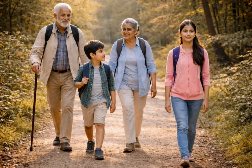 A grandfather, grandmother, and two children with backpacks walking together on a wooded hiking trail during a family outing.