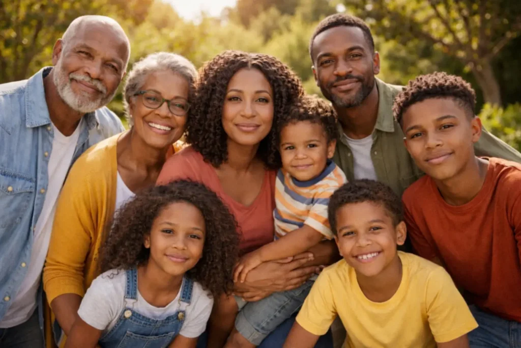 A smiling multi-generational family of eight posing for a close-up portrait outdoors in a park during golden hour.