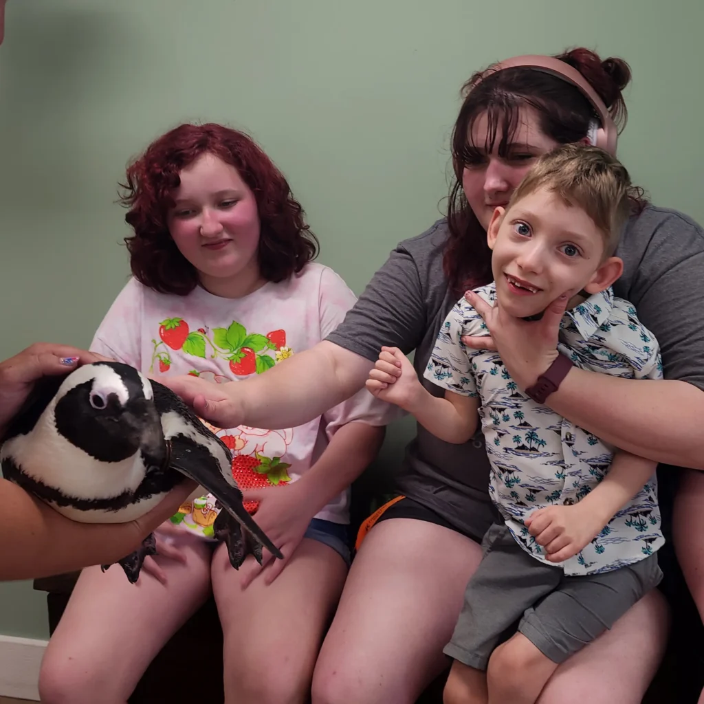 Children sitting together and gently touching an African penguin during an animal encounter at Tanganyika Wildlife Park in Wichita, Kansas.