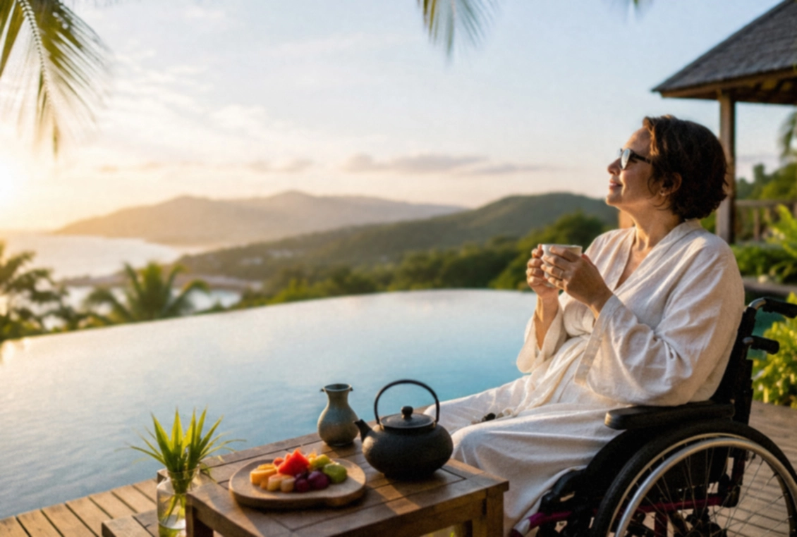 A woman in a white bathrobe sitting in a wheelchair on a wooden deck, smiling and holding a mug while looking at a sunset over an infinity pool and tropical mountain landscape.
