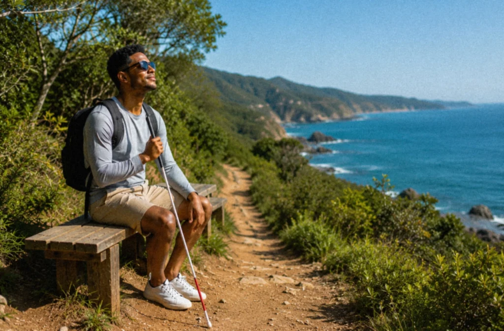 A blind male hiker with a backpack sitting on a wooden bench along a dirt trail, holding a white cane and enjoying the sun next to a scenic ocean coastline with green hills.