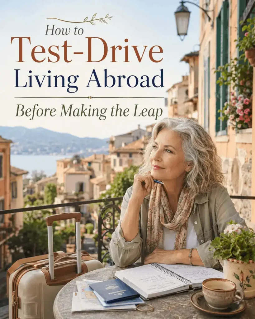 Graphic titled "How to Test-Drive Living Abroad Before Making the Leap" with a thoughtful mature woman sitting on a European balcony with a passport, notebook, and suitcase.