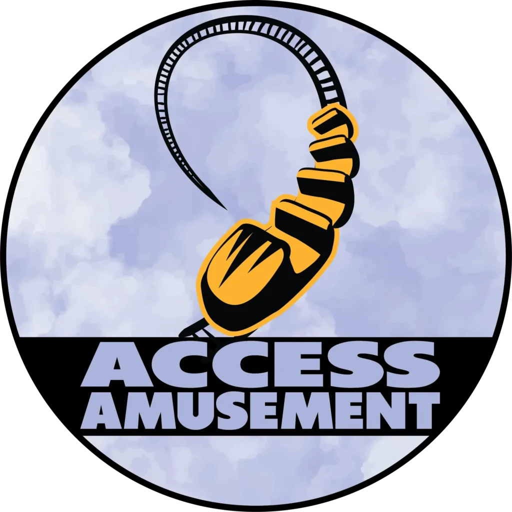 Circular logo for "ACCESS AMUSEMENT" featuring a stylized yellow and black roller coaster train looping along a track against a cloudy blue sky.