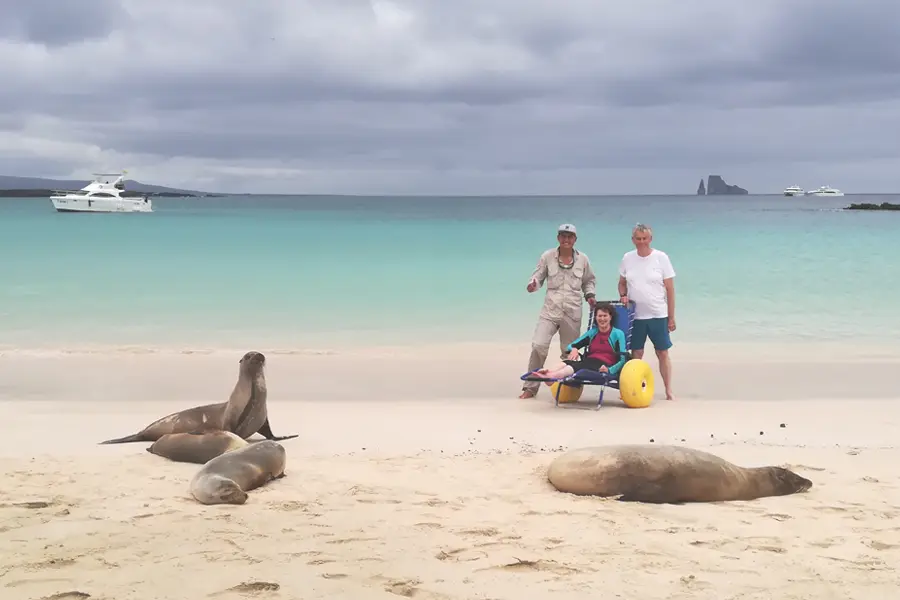 Sea lions rest on a sandy beach near seabirds, with people walking in the background and small rocky islands visible offshore.