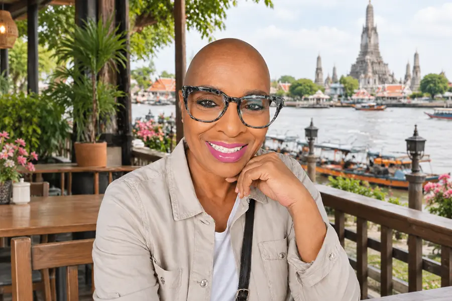 A smiling woman wearing glasses poses on a riverside terrace, with boats on the water and the ornate spires of Wat Arun temple visible across the river in Bangkok