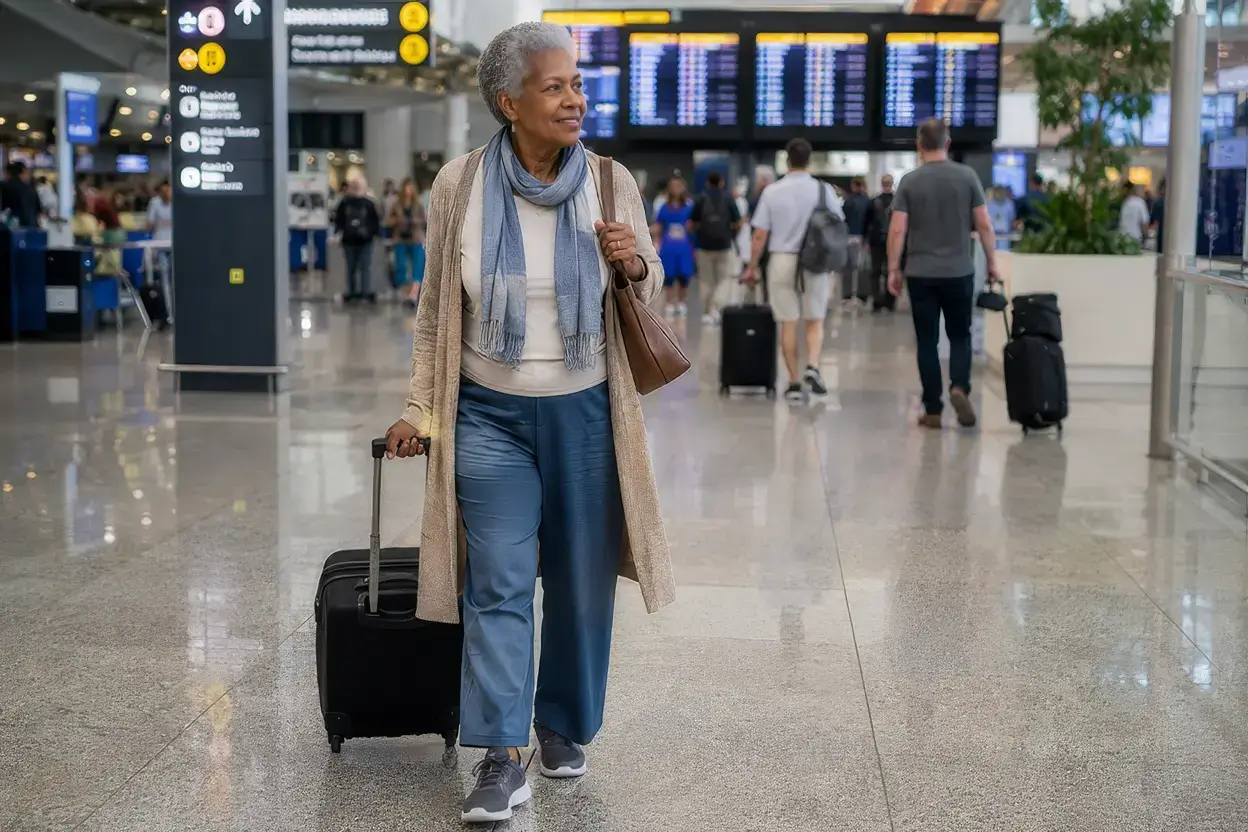 An older Black woman with short grey hair smiling while pulling a black rolling suitcase through a bustling airport terminal. She wears a long beige cardigan, light blue scarf, blue trousers, grey sneakers, and carries a brown shoulder bag, with flight status departure boards visible in the blurred background.