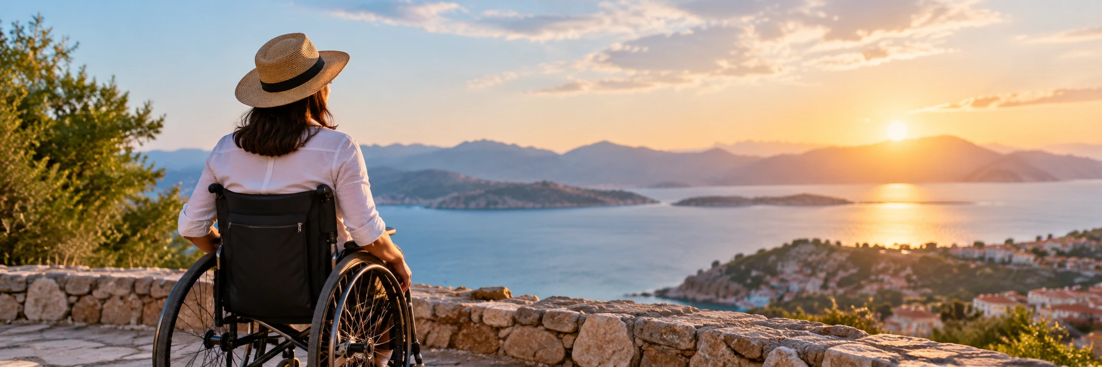 A woman in a wide-brim hat sits in a wheelchair on a stone terrace, framed by bougainvillea on the left, taking in the view of the terracotta rooftops, the bell tower, the marina full of small boats, and the sea stretching to the horizon.