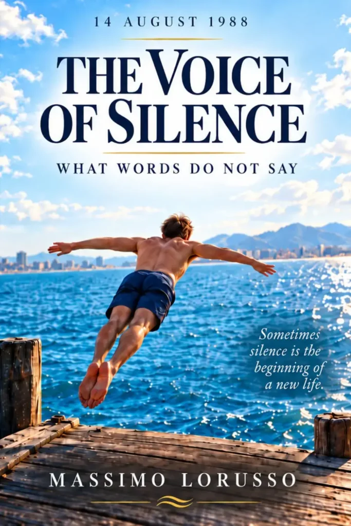 Book cover of "The Voice of Silence: What Words Do Not Say" by Massimo Lorusso, showing a man diving from a wooden pier into the ocean on a bright sunny day.