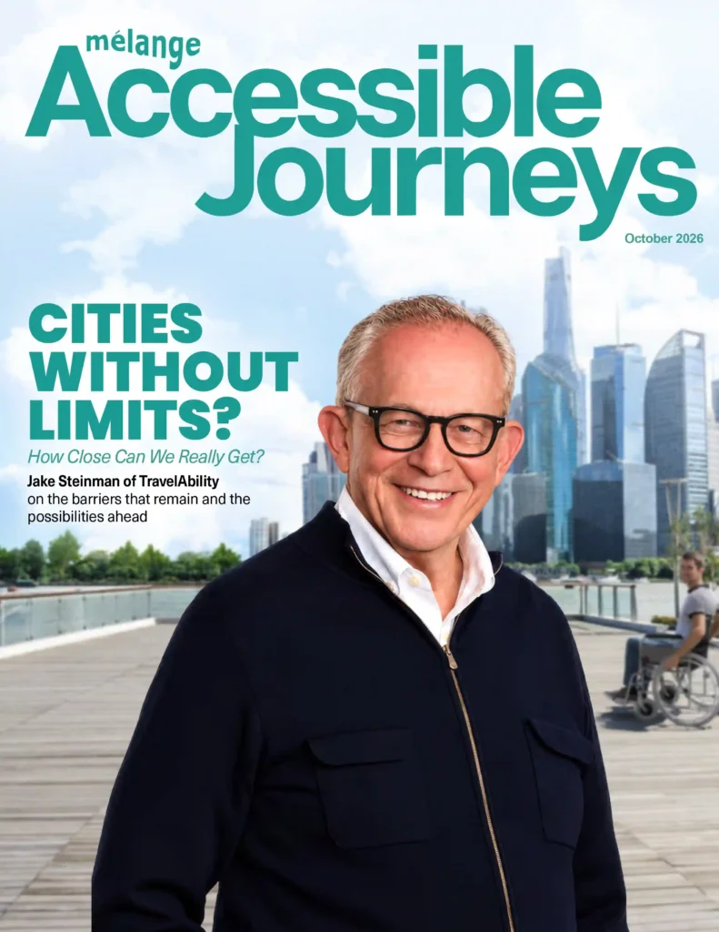 Cover of Accessible Journeys magazine showing a smiling man with white hair and glasses in a dark jacket, with the headline ‘Cities Without Limits?